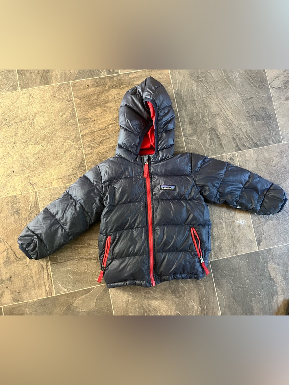 Patagonia Kids Navy Hooded Puffer Jacket with Red Accents